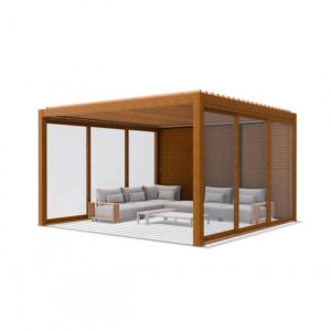 Pergola elektryczna Luxe 3 × 4 m, wys. 2,34 m – kolor drewna – aranżacja