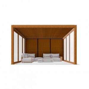 Pergola elektryczna Luxe 3 × 4 m, wys. 2,34 m – kolor drewna – aranżacja