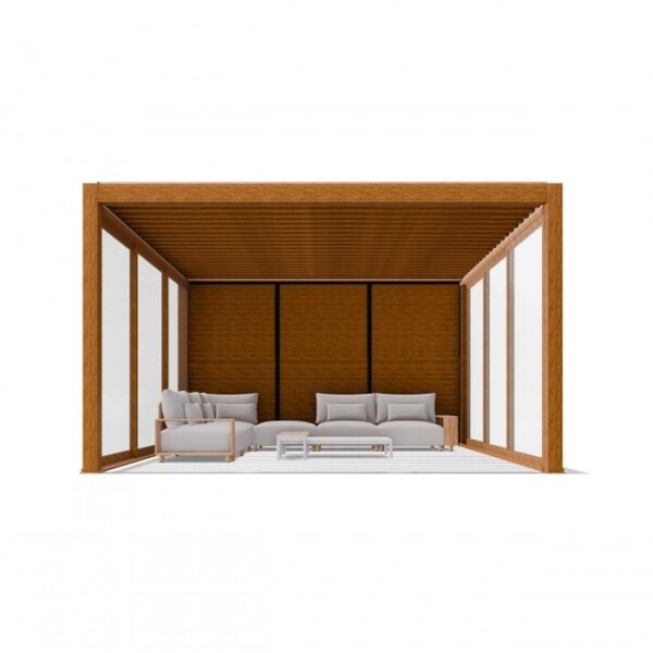 Pergola elektryczna Luxe 3 × 4 m, wys. 2,34 m – kolor drewna – aranżacja